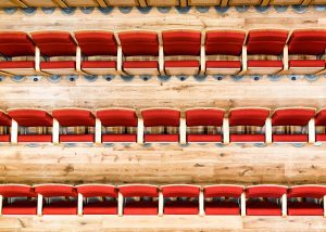 drone image of stoller hall seating