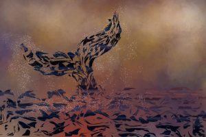 Illustration of a whale tail going back into the water following a whale dive. Illustration is against a brown background
