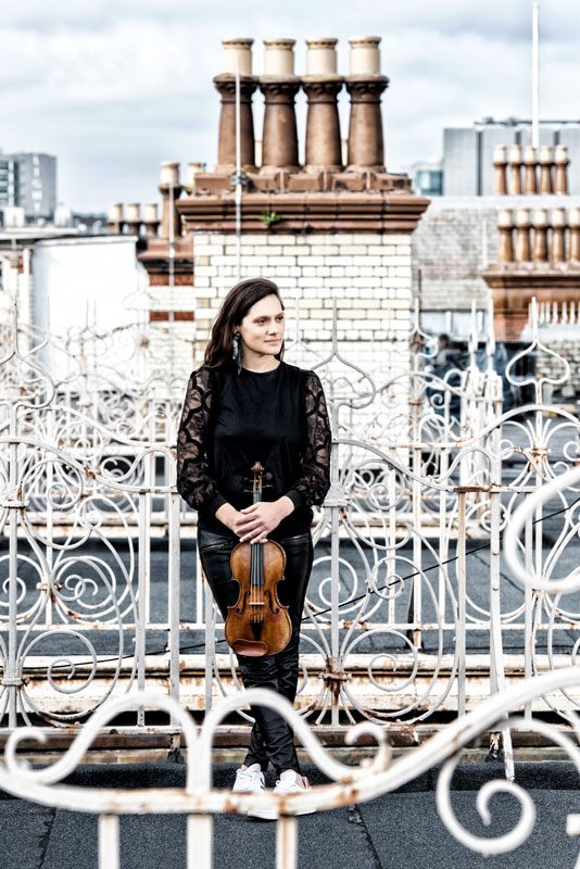 Violinist Rakhi Singh, photographed on the roof of The Midland Hotel, Manchester.