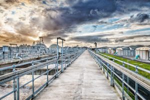 View of the United Utilities waste water treatment centre at Davyhulme.