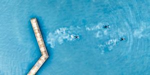 Top down drone image showing a jetty to the left of the picture and then three swimmers in wetsuits swimming away from the jetty to the right of the picture.