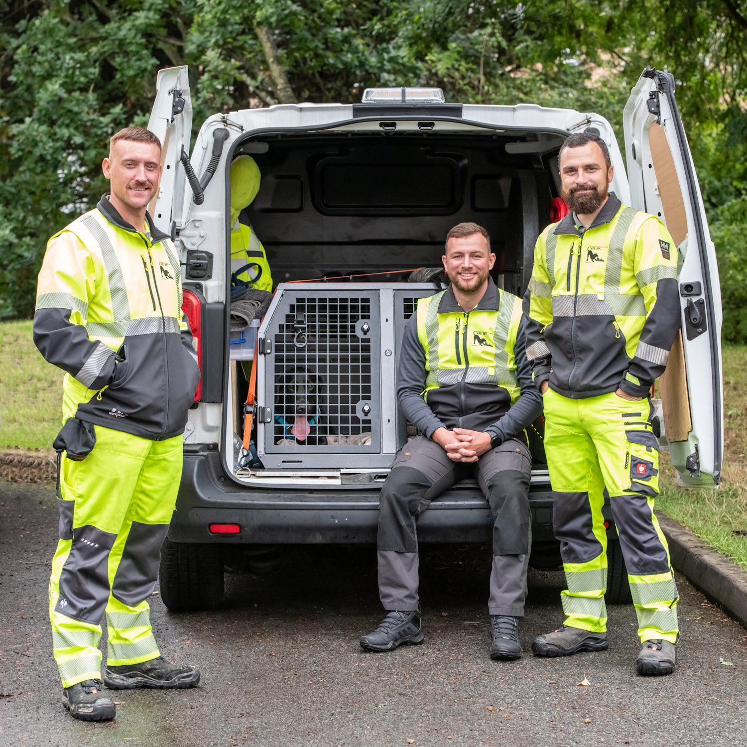 three men around the back of a van containing a water detection dog.